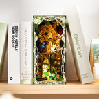 【Secret World of the Forest】 book nook sandwiched between white books, wooden frame and embossed vine decorations blending perfectly into a modern bookshelf, revealing fairies and stairs under yellow light through the cutout opening, quiet and cozy