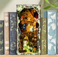 【Secret World of the Forest】 book nook placed between dark vintage book spines (like Wuthering Heights and Hard Times), wooden and vine frame complementing the classic literary atmosphere, adding a fairy-tale touch to the study
