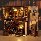 【Ancient Rhyme Library】 right side wall opened, revealing vintage wallpaper, tall wooden cabinet, wall clock, and vases; the wooden spiral staircase connecting the two floors showcases rich spatial depth