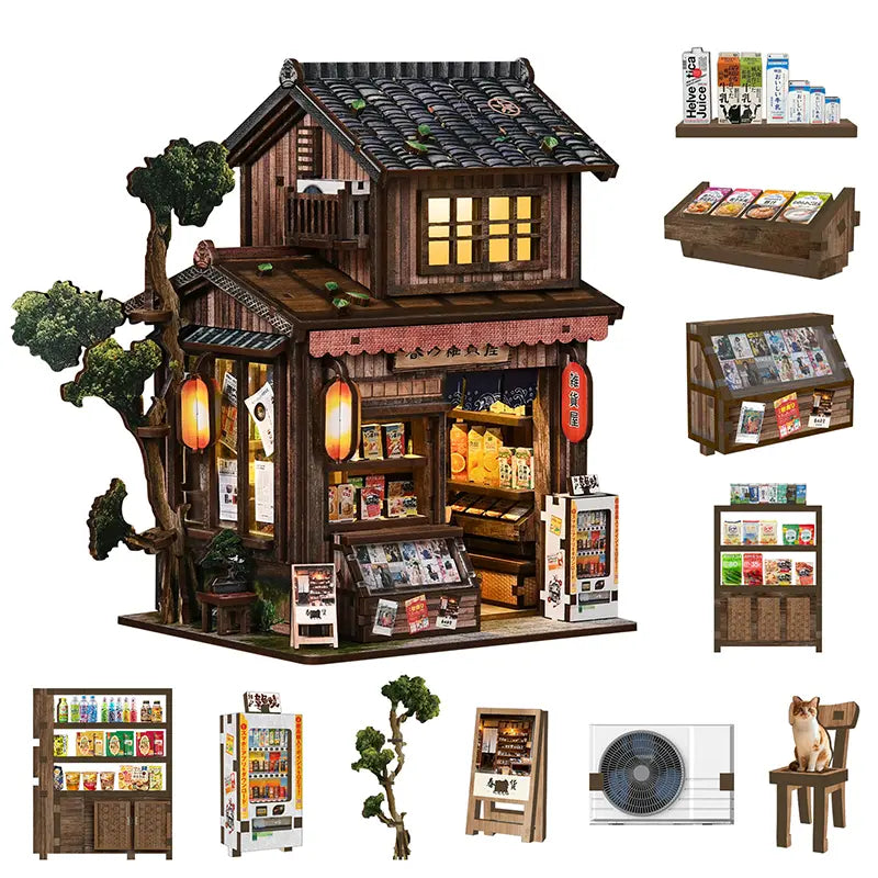 【Kasuga Grocery Store】 DIY miniature model fully assembled, showing front two-story pitched roof, dark gray tile texture, openable sliding doors with lattice windows, and red lanterns on lintel