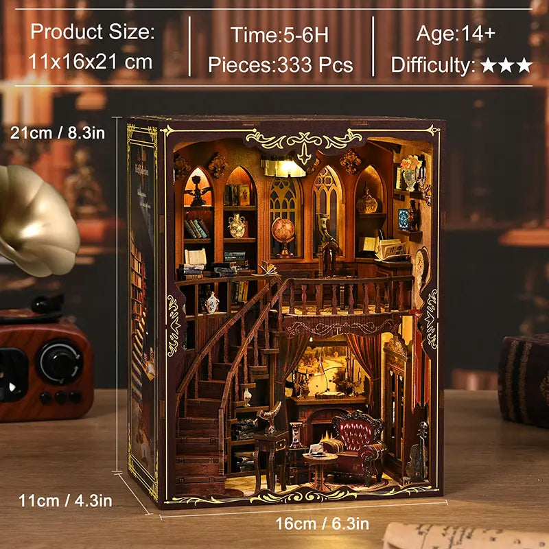 【Ancient Rhyme Library】 product spec sheet: finished size 11*16*21cm, 333 pieces, estimated assembly time 5-6 hours, suitable for ages 14+, difficulty level 4 stars, ideal for advanced craft enthusiasts