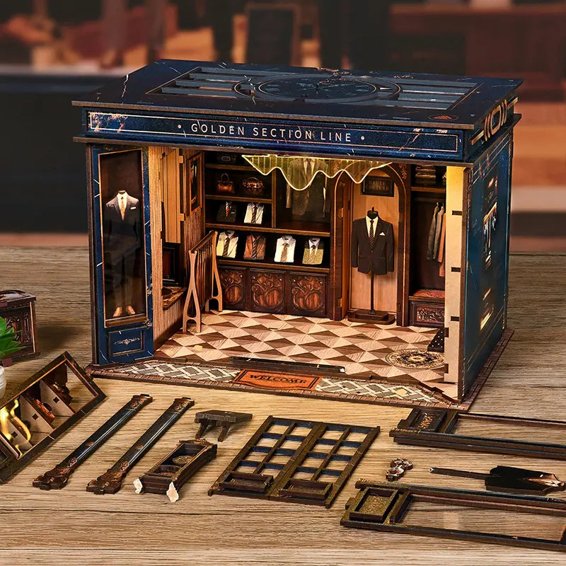 【Golden Section Line】 Storefront 3D display, interior reveals leather-textured counter, display racks, and suit mannequins; front displays wooden parts like grid door frames and carved pillars