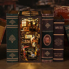 【Craftsmanship Repair Shop】 vintage auto repair shop glowing between books on a wooden shelf, warm yellow light through arched windows and door frames, silhouettes of red hydraulic lift and vintage car faintly visible in the glow, nostalgic late-night workshop atmosphere