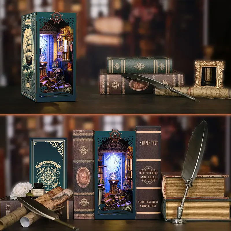 【Riddle on the Seabed】 product display upper and lower collage: top shows book nook paired with vintage quill, parchment scrolls, and old books; bottom shows book nook placed on a dark wooden desk with quill and inkwell, exuding a classic nautical exploration vibe

