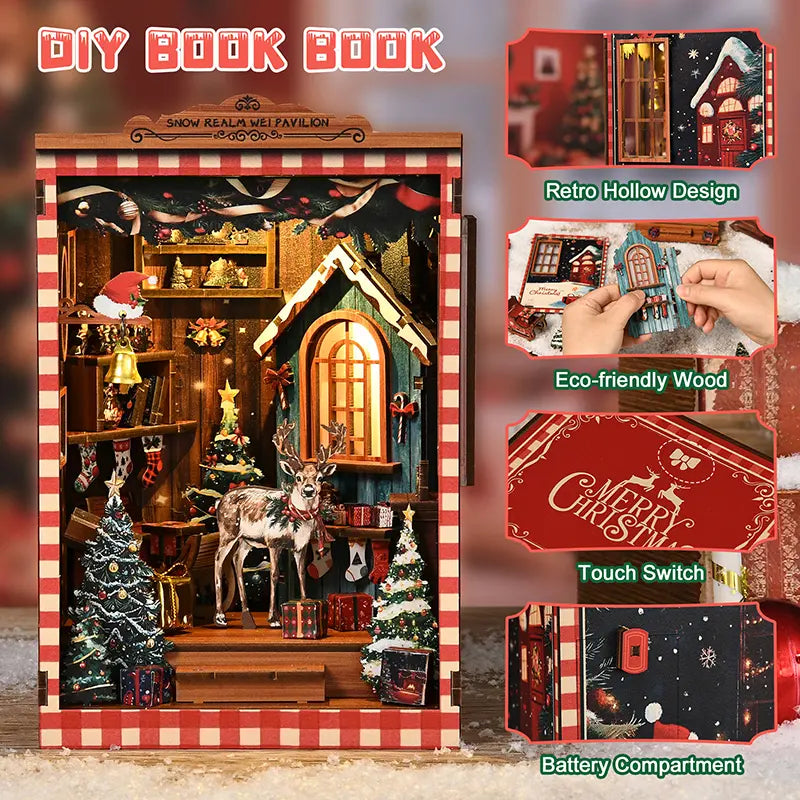 【Snow Realm Wei Pavilion】 Christmas party scene detail display | Christmas reindeer and arched wooden cottage within red and white checkered frame, miniature Christmas tree with star, wooden display shelf filled with gifts, and Christmas stockings on the wall