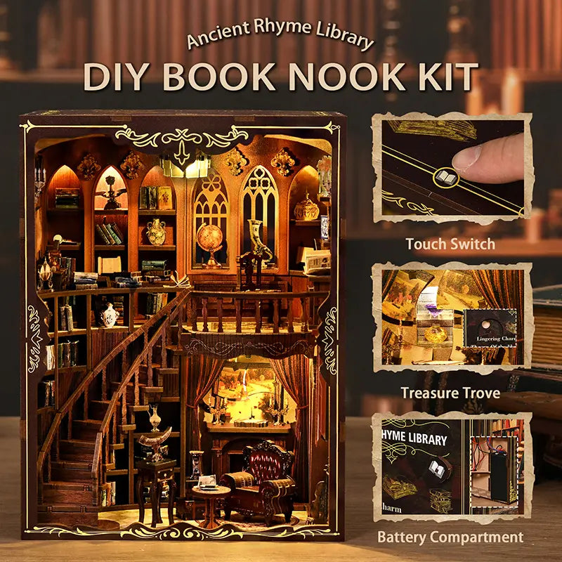 【Ancient Rhyme Library】 key features collage: touch switch on top, light up with one touch; hidden "Treasure Trove" secret compartment inside; hidden battery compartment in the back for a clean look, full of exploration fun
