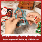 【Snow Realm Wei Pavilion】 Immersive assembly process display: hands holding the teal wooden wall part with arched window and Christmas stocking hooks, experiencing the crafting fun of mortise-and-tenon assembly, immersed in the festive atmosphere
