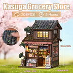 【Kasuga Grocery Store】 Japanese vintage grocery store glowing between books on a wooden shelf, red lanterns and indoor warm light reflecting each other, LED light strip under eaves outlining wooden framework, nostalgic Showa-era evening atmosphere
