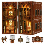 【The Philosophica Library】 classical library glowing between books on a wooden shelf, warm yellow light through arched windows and carved door frames, silhouettes of portraits and bookshelves faintly visible in the glow, serene midnight philosophical library atmosphere