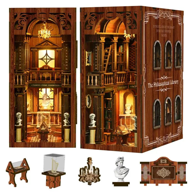 【The Philosophica Library】 classical library glowing between books on a wooden shelf, warm yellow light through arched windows and carved door frames, silhouettes of portraits and bookshelves faintly visible in the glow, serene midnight philosophical library atmosphere