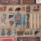 【Snow Realm Wei Pavilion】 DIY parts top-down display: includes multiple printed wooden sheets, miniature reindeer, mini Christmas trees, blue wooden cottage walls, sleigh, fireplace, golden bells, and other rich Christmas elements, spread across a wooden desk