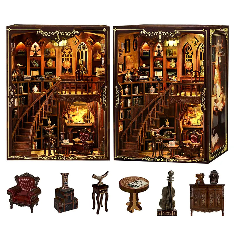 【Ancient Rhyme Library】 two-view product display, with loose parts below highlighting: red leather armchair, vintage suitcase, bird-shaped tall ornament, round table, cello, and wooden dresser, each furniture piece standing out as a miniature scene