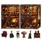 【Ancient Rhyme Library】 two-view product display, with loose parts below highlighting: red leather armchair, vintage suitcase, bird-shaped tall ornament, round table, cello, and wooden dresser, each furniture piece standing out as a miniature scene
