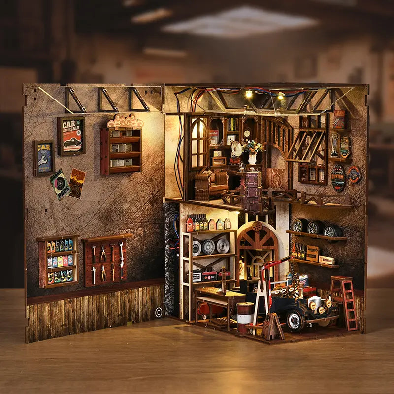 Close-up of first-floor repair area inside【Craftsmanship Repair Shop】： red hydraulic lift holding miniature vintage car chassis, tool racks lined with mini wrenches and screwdrivers, oil drums and toolboxes scattered on floor, authentic early 20th-century auto repair roughness