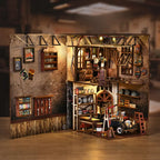 Close-up of first-floor repair area inside【Craftsmanship Repair Shop】： red hydraulic lift holding miniature vintage car chassis, tool racks lined with mini wrenches and screwdrivers, oil drums and toolboxes scattered on floor, authentic early 20th-century auto repair roughness