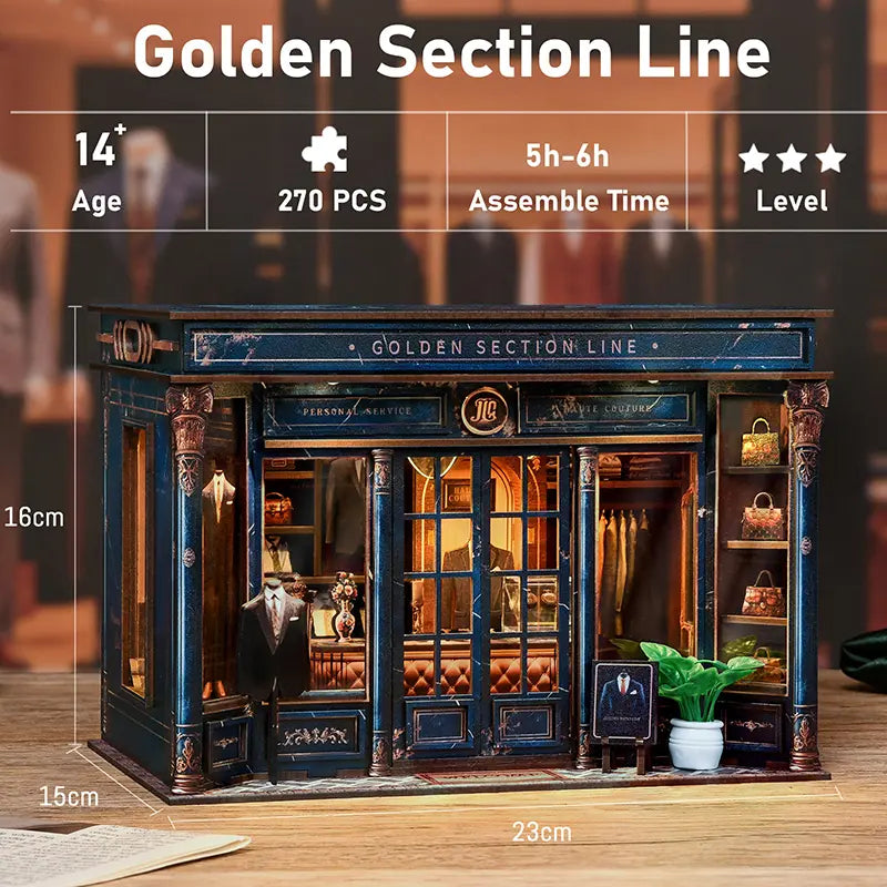 【Golden Section Line】 Product specs: assembled size 23*15*16cm, 270 pieces, assembly time 5-6 hours, ages 14+, 3-star difficulty
