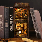 Serenity Coffee House book nook glowing with warm LED lights on a wooden bookshelf, cozy home decor
