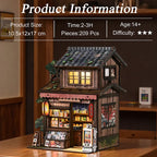 【Kasuga Grocery Store】 assembly tips: ages 14 and up, small parts (miniature snacks, drink bottles, magazines, lantern components, stone lantern parts) choking hazard, test LED wire and lantern beads for power before installation, follow manual step by step, red lantern paper and shoji paper require self-gluing | Minipata