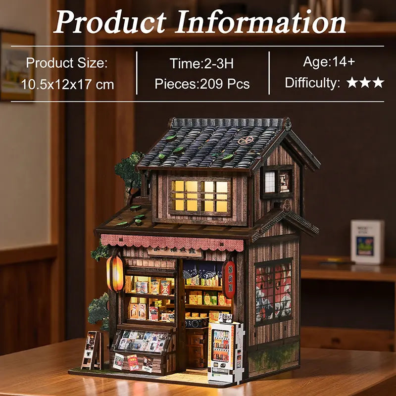 【Kasuga Grocery Store】 assembly tips: ages 14 and up, small parts (miniature snacks, drink bottles, magazines, lantern components, stone lantern parts) choking hazard, test LED wire and lantern beads for power before installation, follow manual step by step, red lantern paper and shoji paper require self-gluing | Minipata