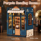 【Pergola Reading Room】 Product front and right side view: front sign with beige striped awning, right side features a vintage wooden arched window with vine decorations, bottom features simulated white brick wall texture, size 14.5*10.5*19cm
