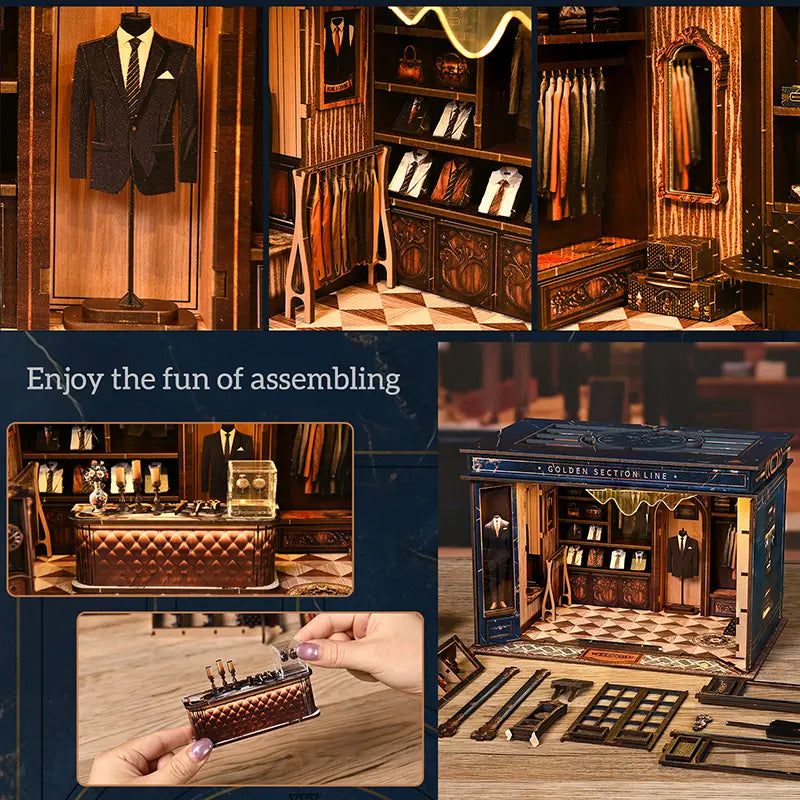 【Golden Section Line】 Assembly and detail collage: top shows ties and shirts hanging inside, hands demonstrate placing the exquisite counter and candle accessories into the miniature space, enjoying the 