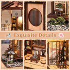 Corner bookshelf view inside【Moss-Lantern Harmony Garden】： neatly arranged miniature books, ceramic jar with simulated crackle glaze, small bonsai pine with radial needle-like leaves, a scroll corner vaguely visible on wall