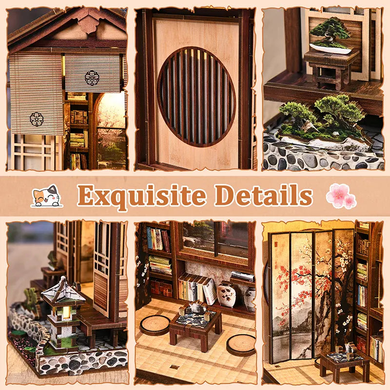 Corner bookshelf view inside【Moss-Lantern Harmony Garden】： neatly arranged miniature books, ceramic jar with simulated crackle glaze, small bonsai pine with radial needle-like leaves, a scroll corner vaguely visible on wall