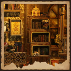 【Antique Book Collection Room】 main bookshelf close-up: three-tier open wooden shelves filled with printed vintage books, a golden carved treasure box and ceramic vase on top, gold-patterned frame matching the vintage wallpaper, showcasing classical luxury
