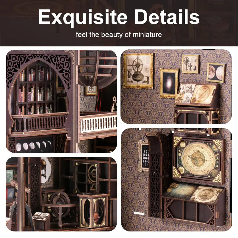 Close-up of miniature astronomical instruments and dome murals inside【Museum of Astronomy】 book nook, realistic science museum vibe