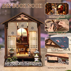 【Moss-Lantern Harmony Garden】 miniature house dimensions diagram, eco-friendly wooden material label, and ages 14+ indicator