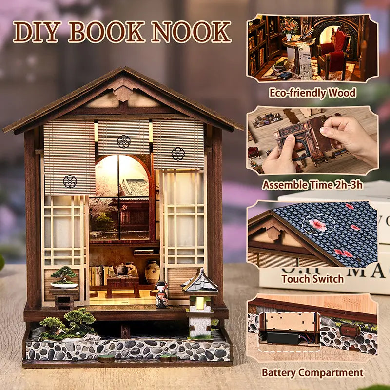 【Moss-Lantern Harmony Garden】 miniature house dimensions diagram, eco-friendly wooden material label, and ages 14+ indicator