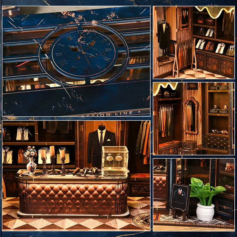 【Golden Section Line】 5-panel detail display: ① vintage Roman numeral clock on top frame; ② coat rack full of suits; ③ leather-textured main counter and accessories; ④ jewelry display box inside; ⑤ suit mannequin and wardrobe
