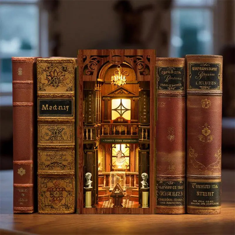【The Philosophica Library】 classical library glowing between books on a wooden shelf, warm yellow light through arched windows and carved door frames, silhouettes of portraits and bookshelves faintly visible in the glow, serene midnight philosophical library atmosphere