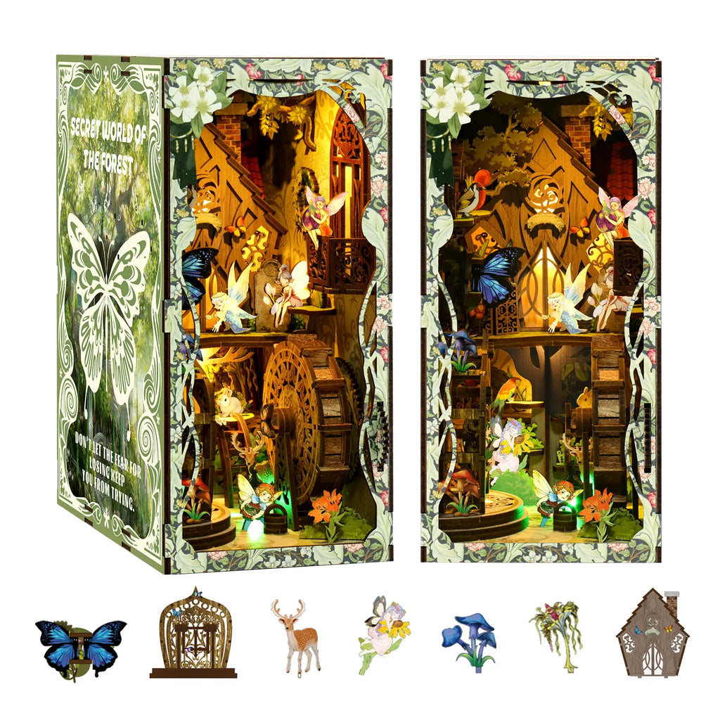 【Secret World of the Forest】 top of the book nook liftable, revealing internal three-tier structure; left side shows loose parts including: fairy holding leaves, deer, squirrel, blue butterfly, waterwheel, tree-shaped bird stand, etc., showcasing rich forest ecology before assembly