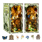 【Secret World of the Forest】 top of the book nook liftable, revealing internal three-tier structure; left side shows loose parts including: fairy holding leaves, deer, squirrel, blue butterfly, waterwheel, tree-shaped bird stand, etc., showcasing rich forest ecology before assembly