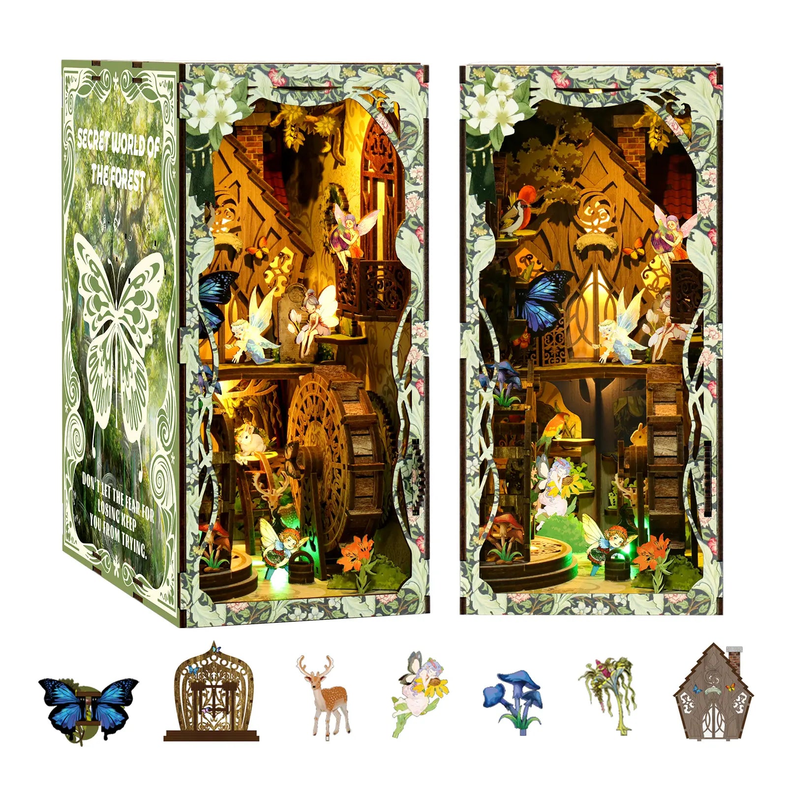 【Secret World of the Forest】 top of the book nook liftable, revealing internal three-tier structure; left side shows loose parts including: fairy holding leaves, deer, squirrel, blue butterfly, waterwheel, tree-shaped bird stand, etc., showcasing rich forest ecology before assembly