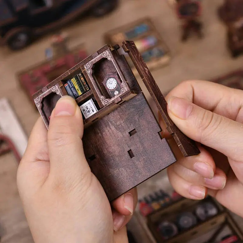 All wooden parts of【Craftsmanship Repair Shop】 2.5mm wood laser-cut, retaining raw wood matte texture, main structure snap-fit without glue, metallic stickers and posters require self-gluing, finished product layers separable for LED wire inspection