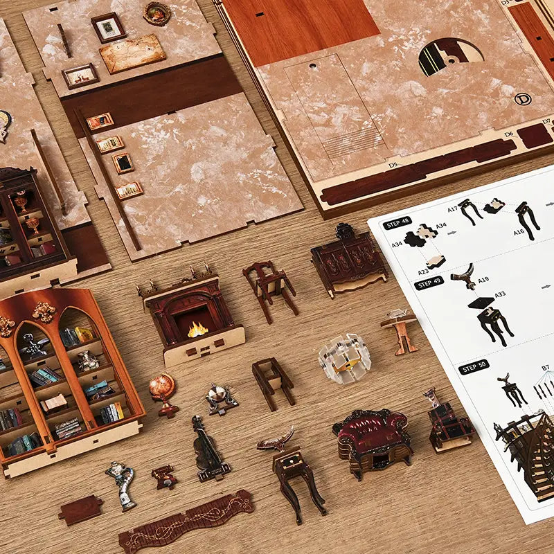 【Ancient Rhyme Library】 DIY parts flat lay: includes multiple laser-cut sheets with marble and wood grain, miniature fireplace, red leather sofa, bird ornament, cello, round table, globe, and instruction manual, rich in assembly materials