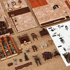 【Ancient Rhyme Library】 DIY parts flat lay: includes multiple laser-cut sheets with marble and wood grain, miniature fireplace, red leather sofa, bird ornament, cello, round table, globe, and instruction manual, rich in assembly materials