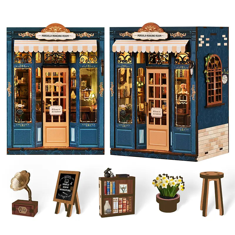 【Pergola Reading Room】 Two-view finished product display; bottom highlights loose parts: vintage gramophone, chalkboard sign, miniature bookcase, potted white flowers, wooden barstool, etc., freely arrange to build your own reading room