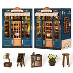 【Pergola Reading Room】 Two-view finished product display; bottom highlights loose parts: vintage gramophone, chalkboard sign, miniature bookcase, potted white flowers, wooden barstool, etc., freely arrange to build your own reading room