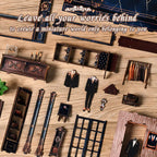 【Golden Section Line】 Full wooden parts flat lay: leave your worries behind to create a miniature world only belonging to you; includes blue carved pillars, grid doors, suit templates, small suitcases, and signs
