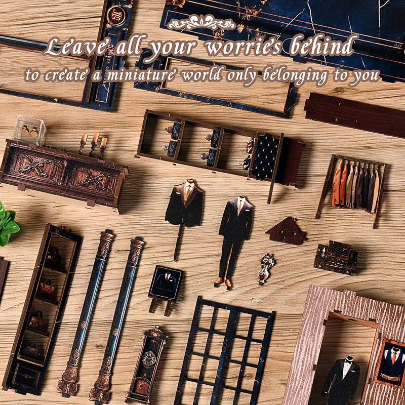【Golden Section Line】 Full wooden parts flat lay: leave your worries behind to create a miniature world only belonging to you; includes blue carved pillars, grid doors, suit templates, small suitcases, and signs