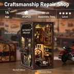 【Craftsmanship Repair Shop】 assembly tips: ages 14 and up, small parts (miniature tools, tires, oil drums, lift components, nuts, etc.) choking hazard, test LED wire and chandelier beads for power before installation, follow manual step by step, metallic stickers and posters require self-gluing | Minipata
