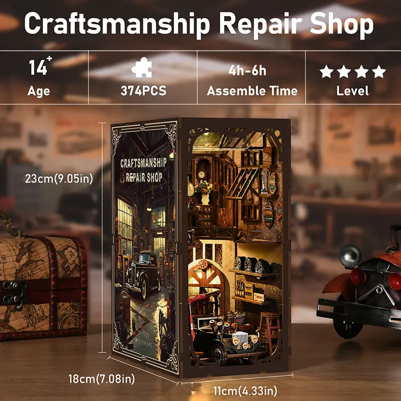 【Craftsmanship Repair Shop】 assembly tips: ages 14 and up, small parts (miniature tools, tires, oil drums, lift components, nuts, etc.) choking hazard, test LED wire and chandelier beads for power before installation, follow manual step by step, metallic stickers and posters require self-gluing | Minipata