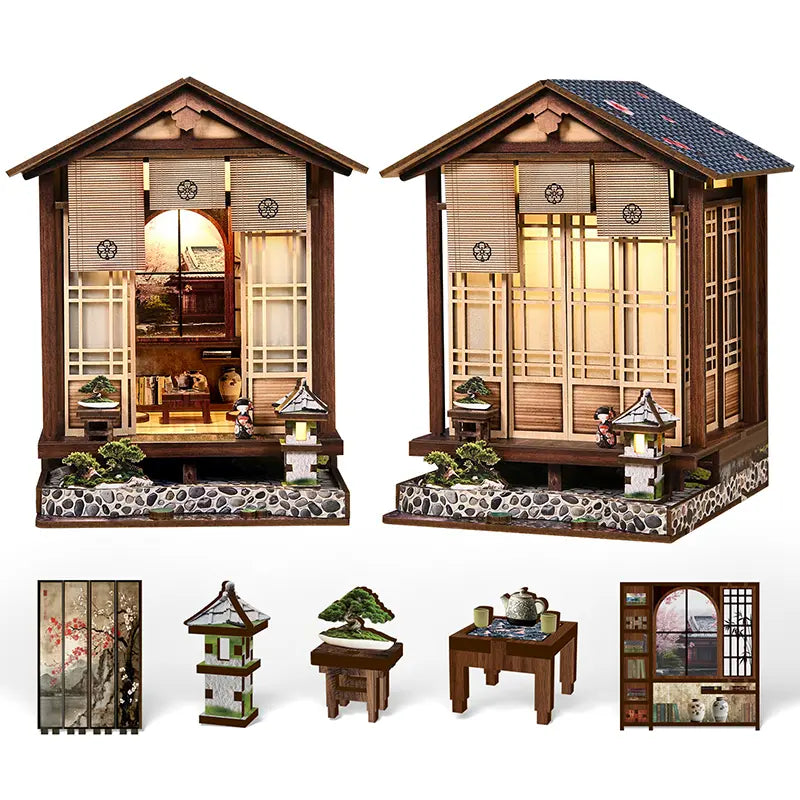 【Moss-Lantern Harmony Garden】 DIY miniature house fully assembled, showing herringbone roof, dark brown wood grain eaves, openable shoji door, and bamboo blind with family crest on lintel