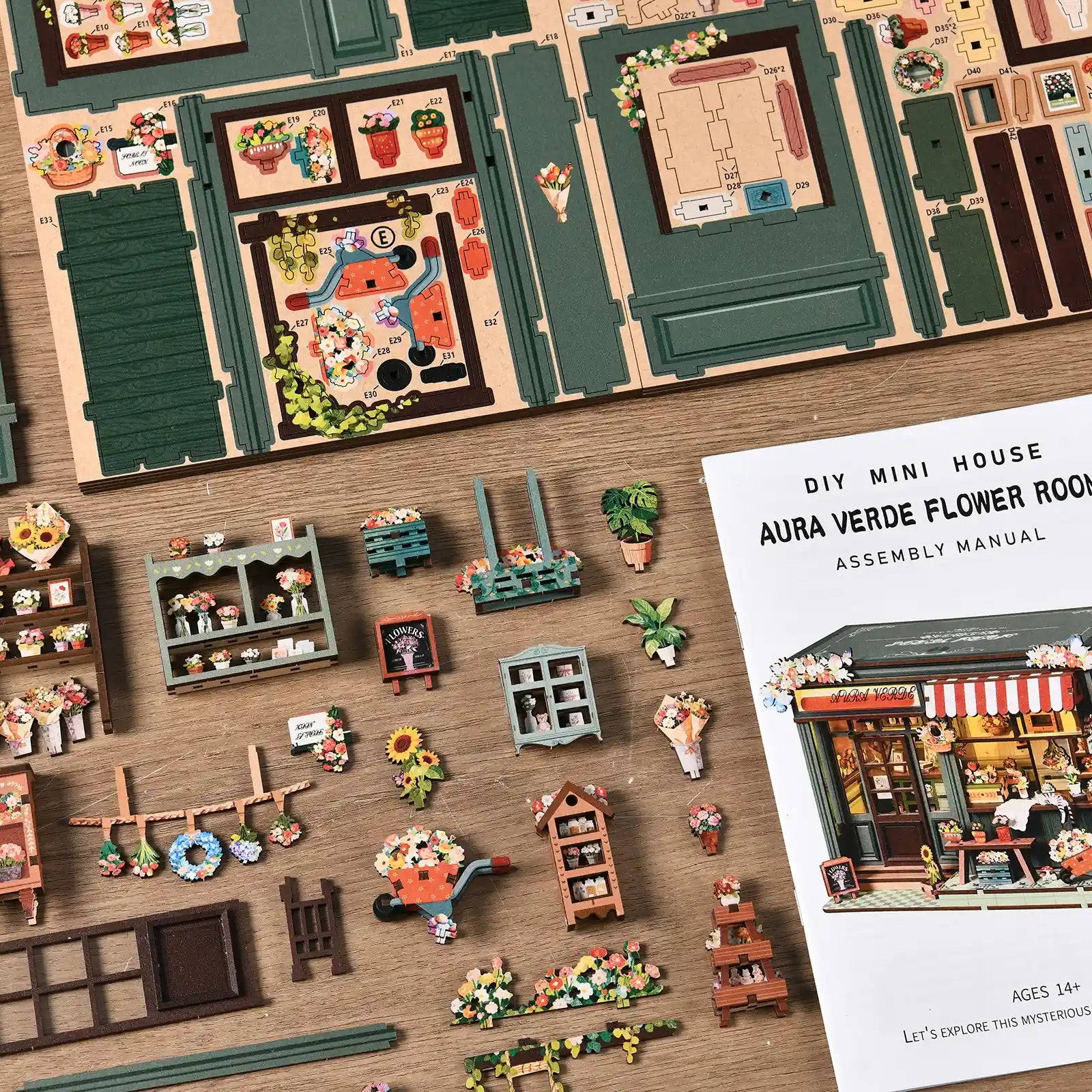 AURA VERDE FLOWER ROOM DIY Miniature House – Unassembled Wooden Pieces, Fabric, and Accessories Laid Flat – Craft Kit Contents Overview