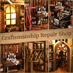 Dark brown desk by the window on right side of second floor inside【Craftsmanship Repair Shop】， items on desk： an open miniature car magazine (classic car illustration on cover), a ceramic coffee cup with brown liquid simulating coffee, a small desk lamp (brass-colored arm, off-white shade)； a matching wooden chair beside it with simulated worn and distressed finish