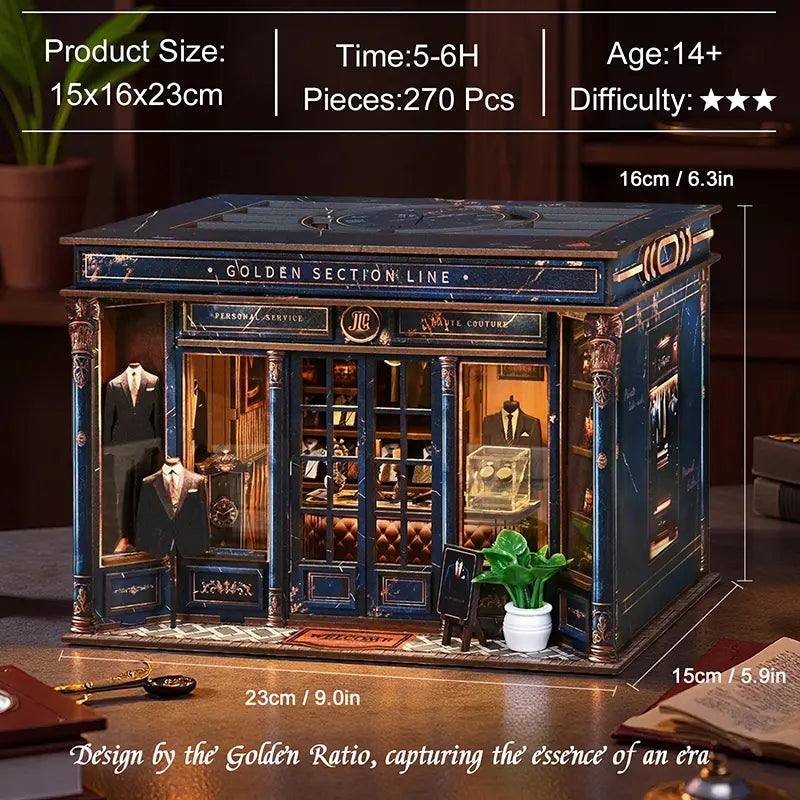 【Golden Section Line】 Dimension diagram: finished model 23cm long, 15cm wide, 16cm high; exterior incorporates "golden ratio" design, embodying elegance and gentlemanly style

