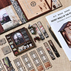 Corner bookshelf view inside【Moss-Lantern Harmony Garden】： neatly arranged miniature books, ceramic jar with simulated crackle glaze, small bonsai pine with radial needle-like leaves, a scroll corner vaguely visible on wall